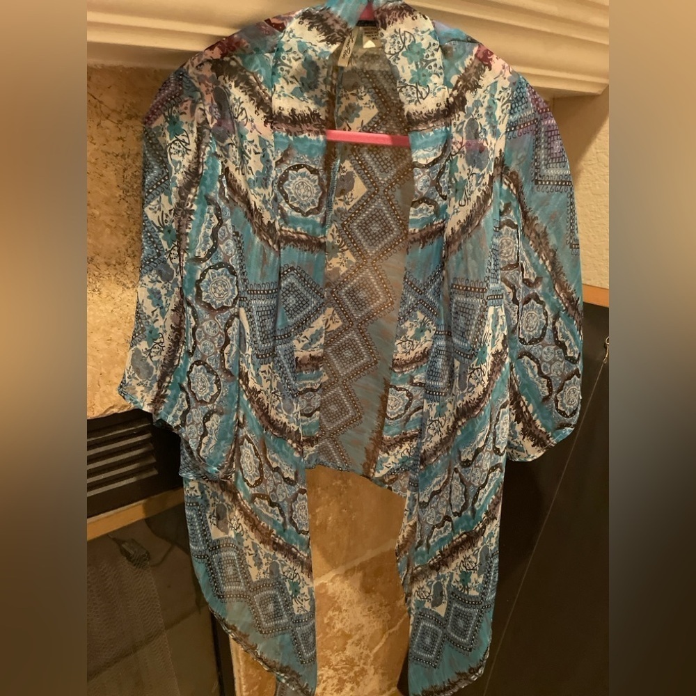 Free People Love Potion Turquoise flowy geometric kimono tie top Boho  XL - Picture 2 of 11